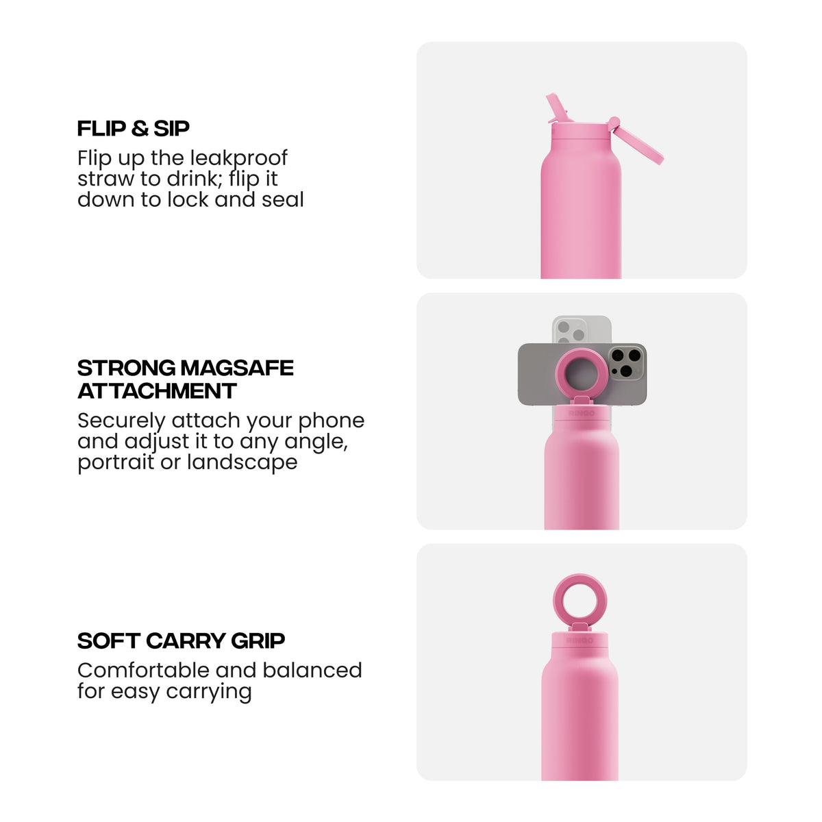 RINGO PRO Insulated Water Bottle, Magnetic Phone Tripod Mount, Lilac, 24 oz