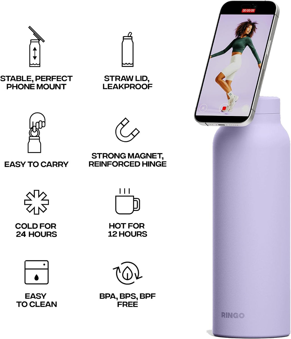 RINGO PRO Insulated Water Bottle, Magnetic Phone Tripod Mount, Lilac, 24 oz