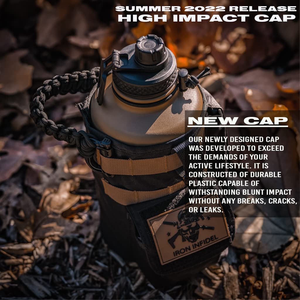 Iron Infidel Battle Bottle - Half Gallon Insulated Water Bottle with Paracord Handle, Large 64 oz Stainless Steel Water Jug with Rugged, Removable Sleeve for Keys, Wallet, & Phone (Live Free 2 Liter)