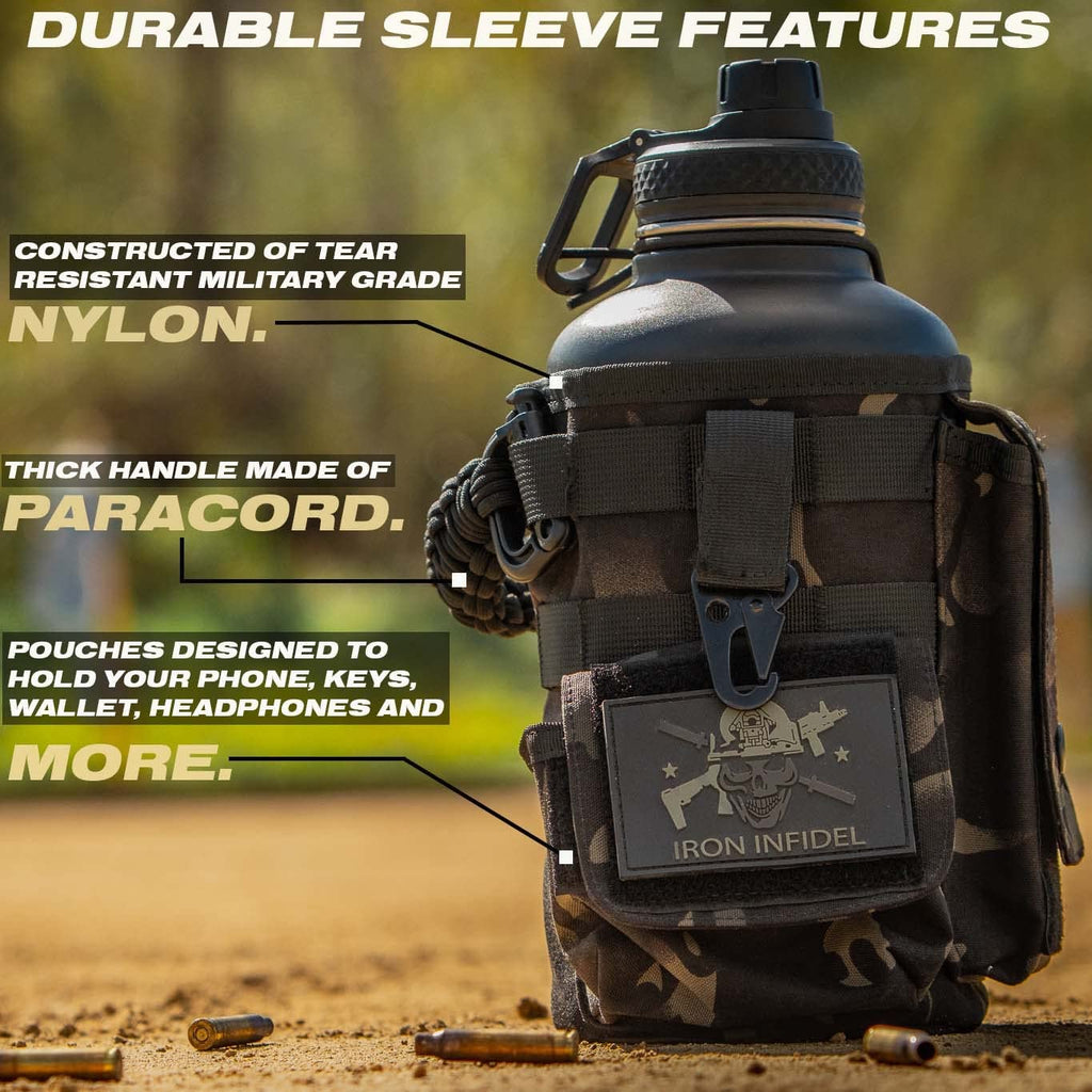 Iron Infidel Battle Bottle - Half Gallon Insulated Water Bottle with Paracord Handle, Large 64 oz Stainless Steel Water Jug with Rugged, Removable Sleeve for Keys, Wallet, & Phone (Live Free 2 Liter)