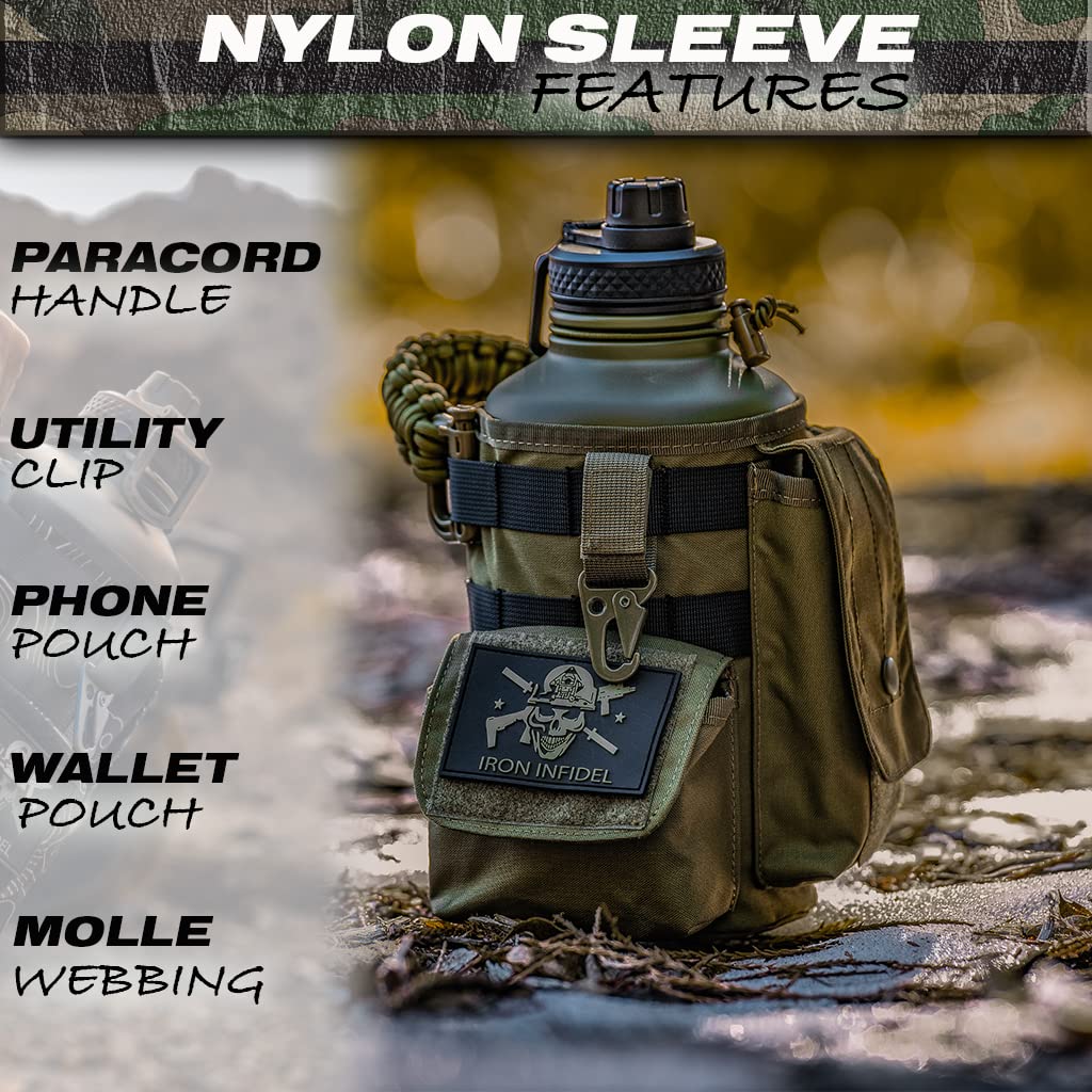 Iron Infidel Battle Bottle - Half Gallon Insulated Water Bottle with Paracord Handle, Large 64 oz Stainless Steel Water Jug with Rugged, Removable Sleeve for Keys, Wallet, & Phone (Live Free 2 Liter)