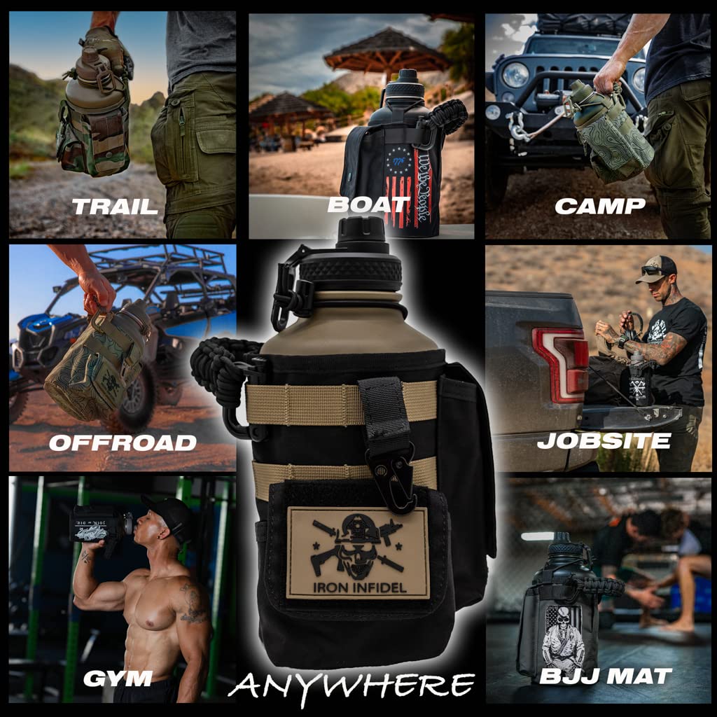 Iron Infidel Battle Bottle - Half Gallon Insulated Water Bottle with Paracord Handle, Large 64 oz Stainless Steel Water Jug with Rugged, Removable Sleeve for Keys, Wallet, & Phone (Live Free 2 Liter)