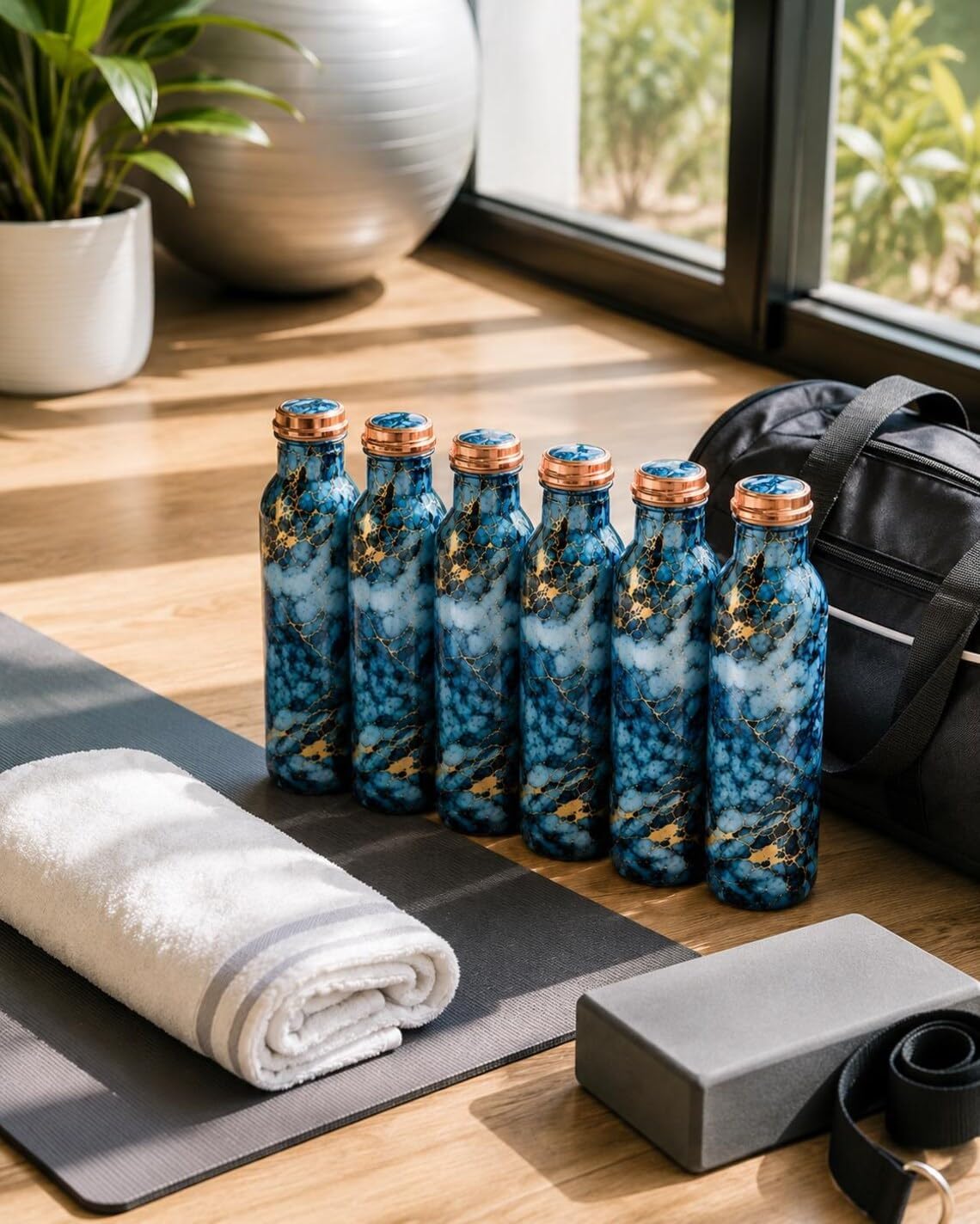 Handmade Blue Marble Copper Water Bottles – Elegant Reusable Drinkware Gift Set | Set of 6