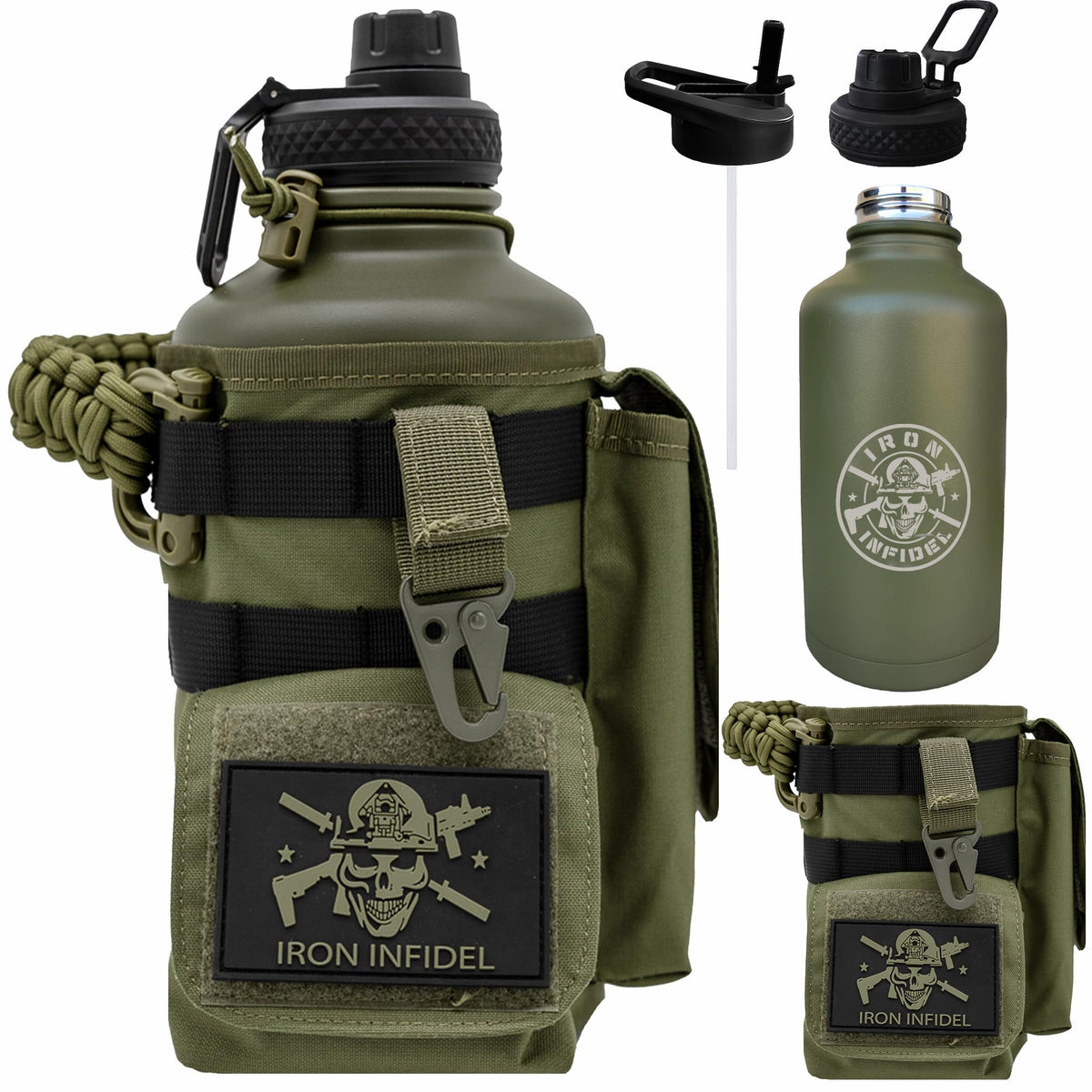 Iron Infidel Battle Bottle - Half Gallon Insulated Water Bottle with Paracord Handle, Large 64 oz Stainless Steel Water Jug with Rugged, Removable Sleeve for Keys, Wallet, & Phone (Live Free 2 Liter)