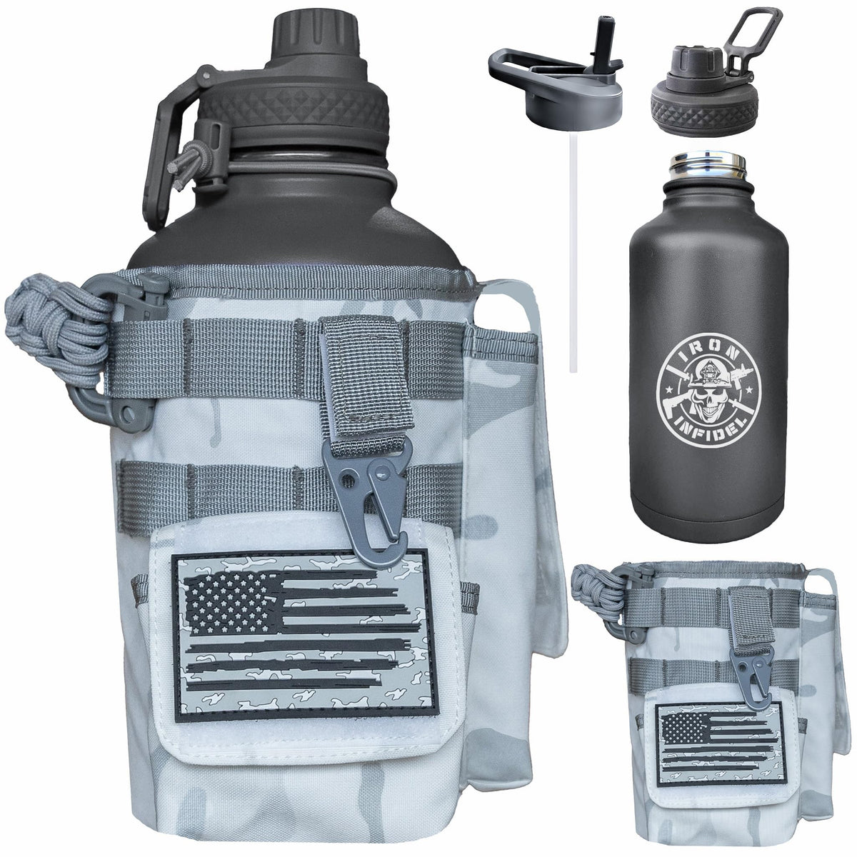Iron Infidel Battle Bottle - Half Gallon Insulated Water Bottle with Paracord Handle, Large 64 oz Stainless Steel Water Jug with Rugged, Removable Sleeve for Keys, Wallet, & Phone (Live Free 2 Liter)