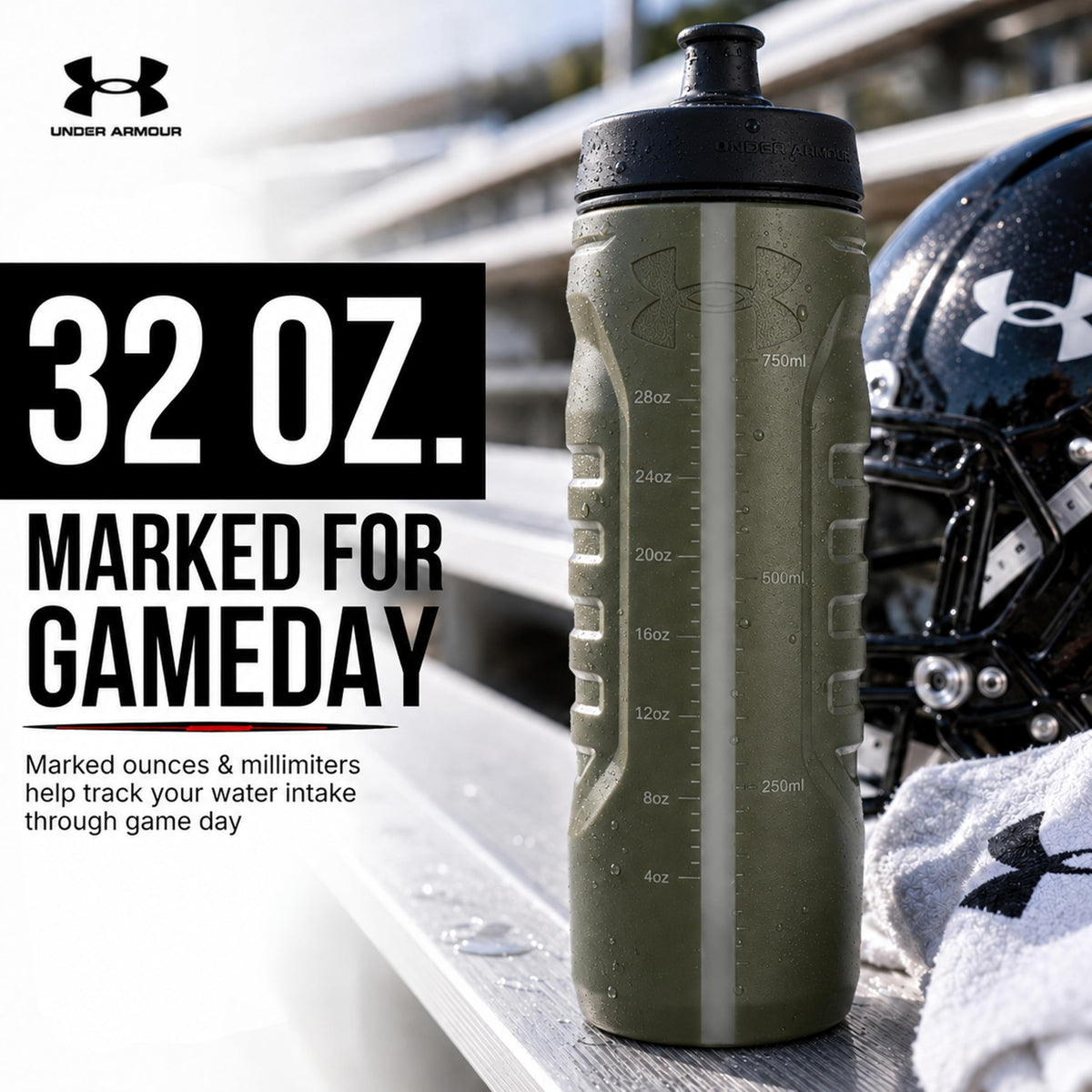 Under Armour Squeeze Water Bottles, 32 oz Water Bottles, Sideline Sports Water Bottle with Quick-Shot Lid, Quick & Easy Hydration, Gym Water Bottles, Squeeze Bottle, 1 32oz Bottle