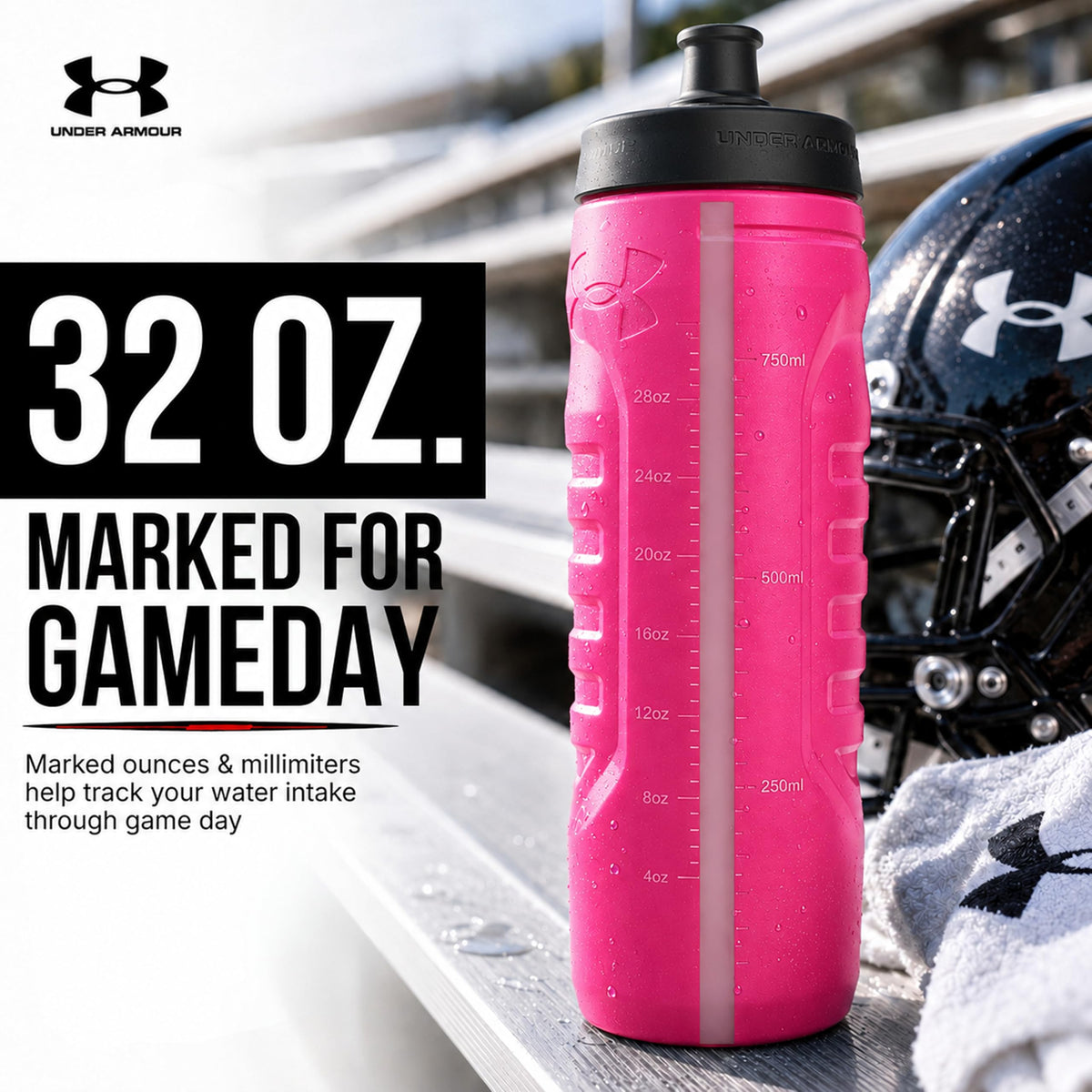 Under Armour Squeeze Water Bottles, 32 oz Water Bottles, Sideline Sports Water Bottle with Quick-Shot Lid, Quick & Easy Hydration, Gym Water Bottles, Squeeze Bottle, 1 32oz Bottle