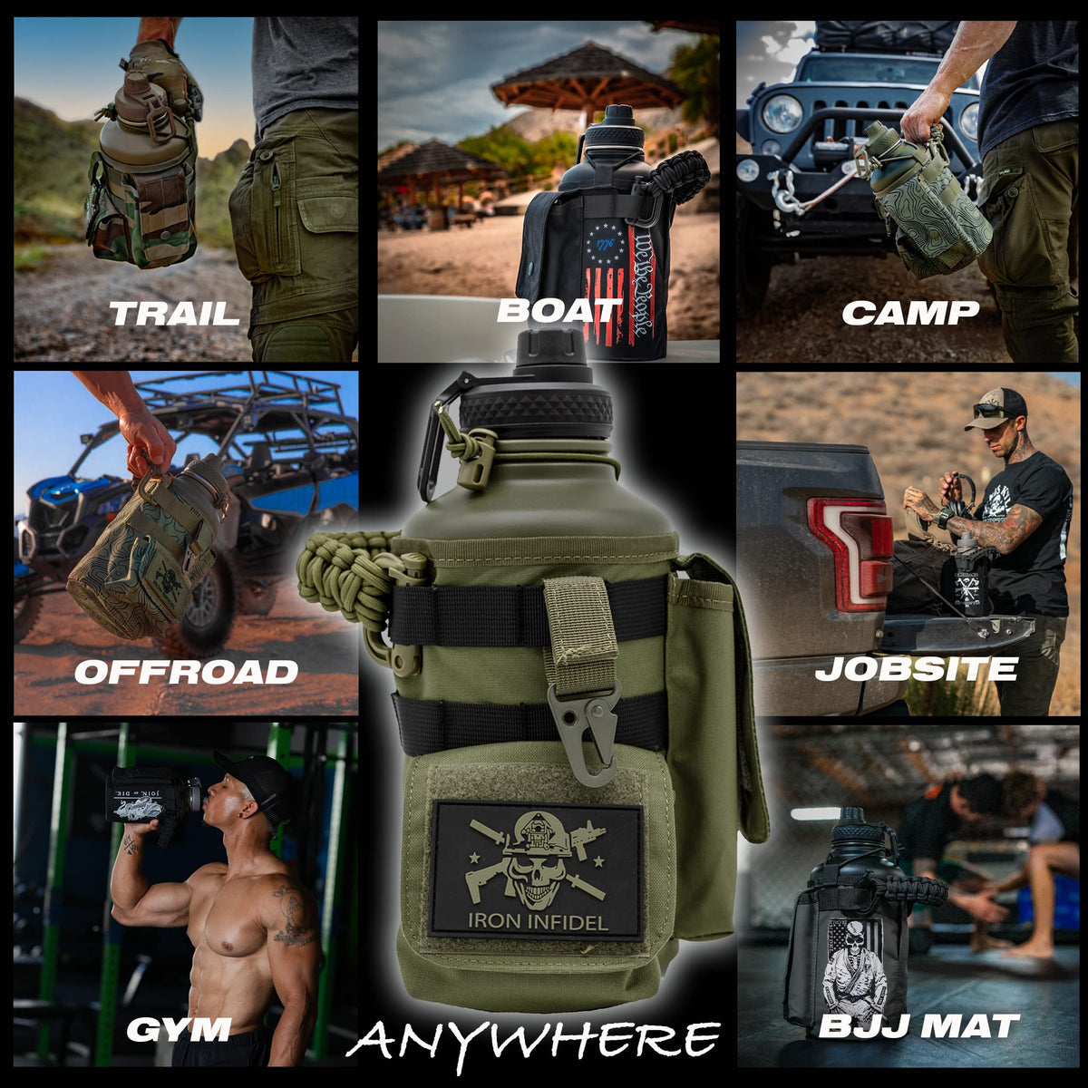 Iron Infidel Battle Bottle - Half Gallon Insulated Water Bottle with Paracord Handle, Large 64 oz Stainless Steel Water Jug with Rugged, Removable Sleeve for Keys, Wallet, & Phone (Live Free 2 Liter)