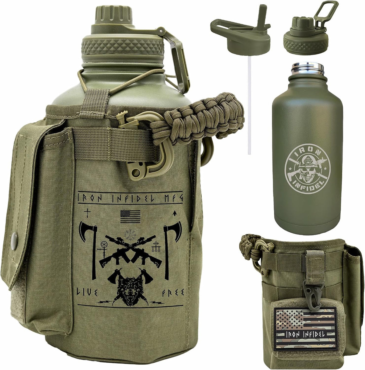 Iron Infidel Battle Bottle - Half Gallon Insulated Water Bottle with Paracord Handle, Large 64 oz Stainless Steel Water Jug with Rugged, Removable Sleeve for Keys, Wallet, & Phone (Live Free 2 Liter)