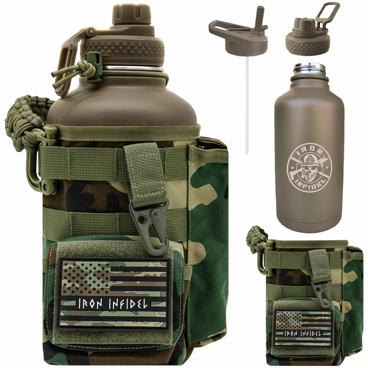 Iron Infidel Battle Bottle - Half Gallon Insulated Water Bottle with Paracord Handle, Large 64 oz Stainless Steel Water Jug with Rugged, Removable Sleeve for Keys, Wallet, & Phone (Live Free 2 Liter)
