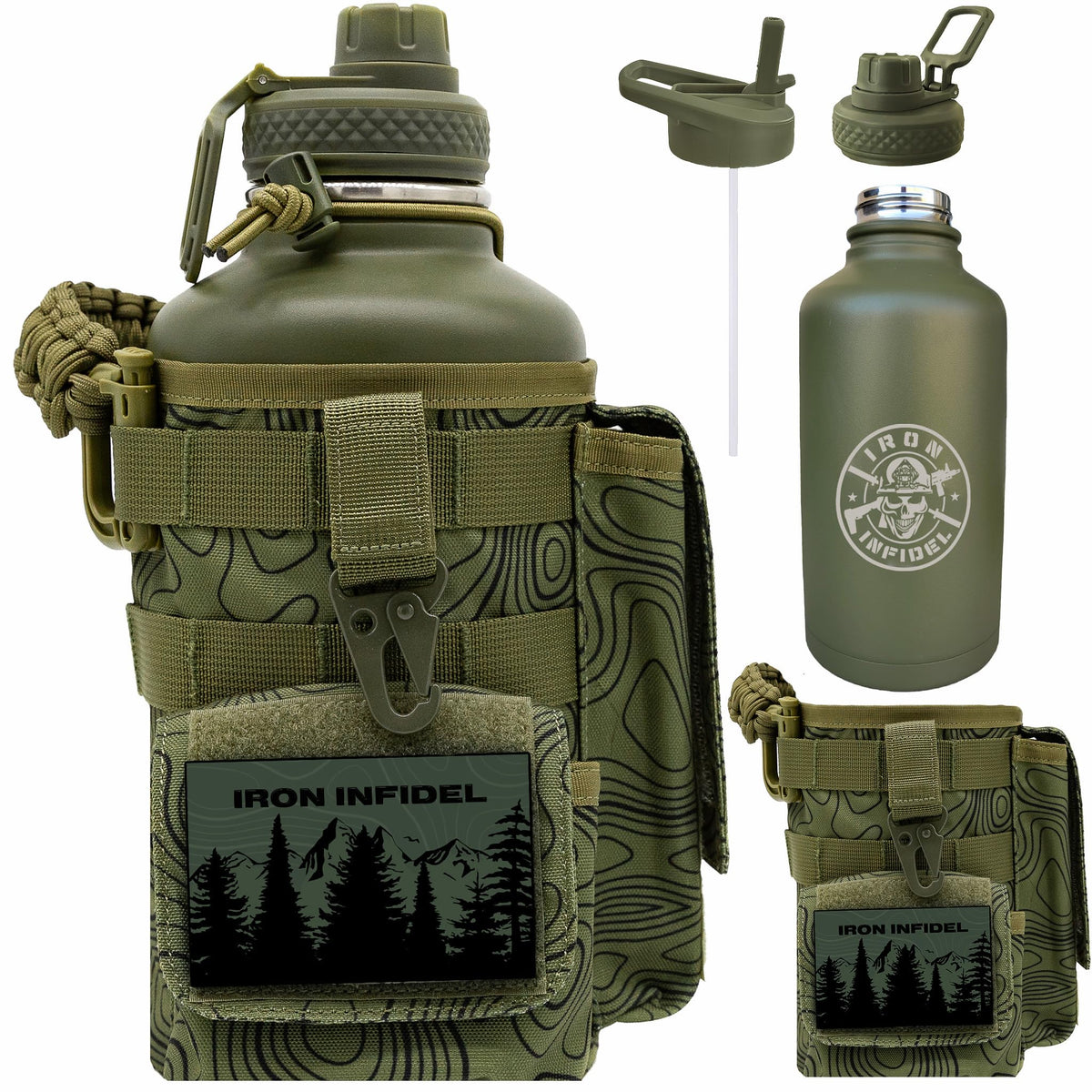Iron Infidel Battle Bottle - Half Gallon Insulated Water Bottle with Paracord Handle, Large 64 oz Stainless Steel Water Jug with Rugged, Removable Sleeve for Keys, Wallet, & Phone (Live Free 2 Liter)